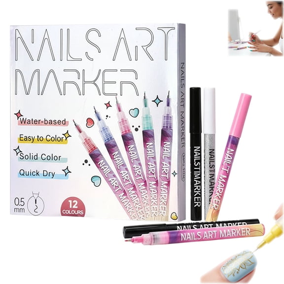 12 Colors Nail Art Pens Set, 0.5mm Fine Tip Nail Art Markers, Quick Dry Nail Art Pens for Painting Nails, DIY Nail Design Drawing & Detailing Tools