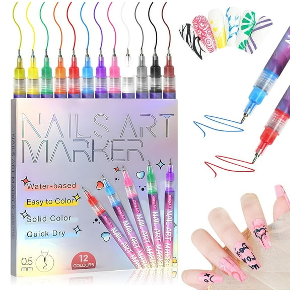 12 Colors Nail Art Pens Set, 0.5mm Fine Tip Nail Art Markers for Gel Nails, Quick Dry Nail Polish Drawing Painting Liner Pen for DIY Nail Decoration