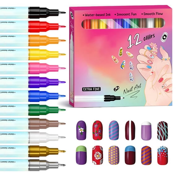 12 Colors Nail Art Pens Set, 0.5mm Fine Tip Nail Polish, DIY Nail Designs, Quick Dry Acrylic Painting Pens for Gel Nails, Manicure Art Tools for Beginners