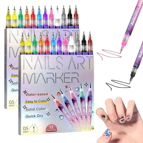 12 Colors Nail Art Pens Set, 2025 New Nail Art Markers for Gel Nails, Nail Point Graffiti Dotting Pen Drawing Painting Liner Brush for Dotting Drawing Painting Point Liner DIY (2 pack)