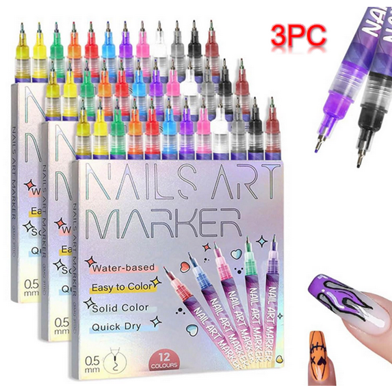 12 Colors Nail Art Pens Set, 2025 New Nail Art Markers Polish Pen for 3D Nail Art, Nail Art Tools for Graffiti Dotting Drawing Painting Point Liner DIY, Nail Art Pens for Painting Nails 3Set