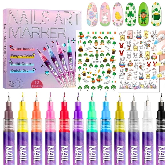 12 Colors Nail Art Pens Set, 2026 New Nail Art Markers for Gel Nails, 3D Nail Polish Markers Quick Dry Acrylic Paint Pens for Drawing Painting DIY Nail Art With St Patrick's+Easter Day Stickers