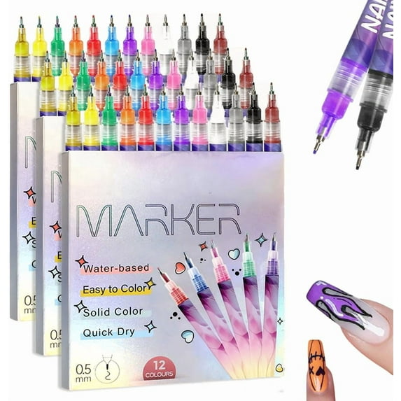 12 Colors Nail Art Pens Set, 2026 New Nail Marker, Fine Tip Nail Art Pen 0.5mm, Waterproof and Quick-drying Nail for DIY Nails Art Design, Portable Nail Art Tools for Home Salon (3set)