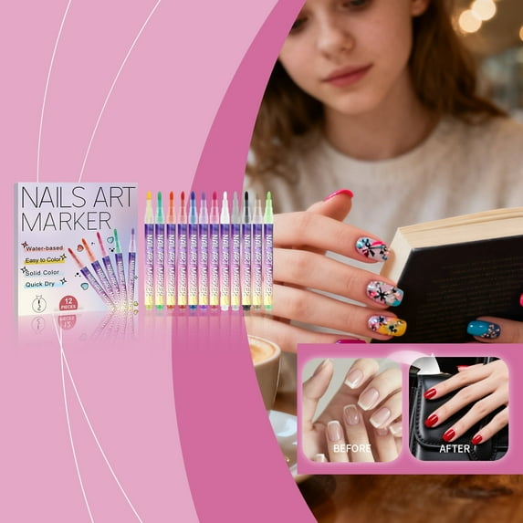 12 Colors Nail Art Pens Set, 2026 Upgraded Nail Art Markers , Quick Dry Long Lasting Nail Polish Pen, DIY 3D Drawing Dotting Painting Nails Liner Brush (1 Pcs)