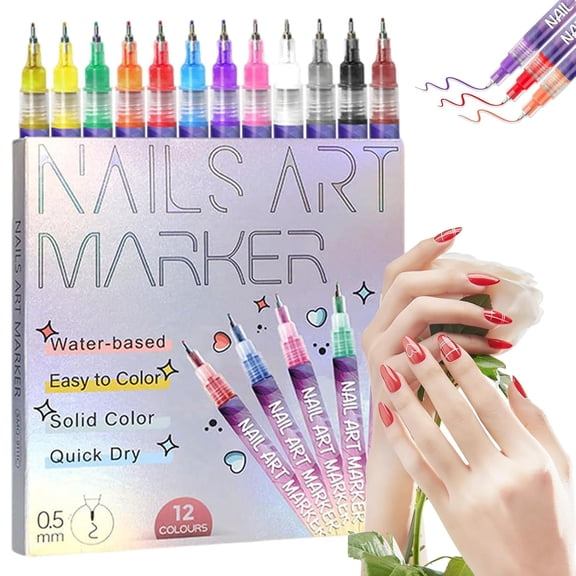 12 Colors Nail Art Pens Set  3D Nail Art Marker & Polish Pens with Fine Liner Brush for Drawing, Painting & DIY Manicure Designs, Nail Art Beauty Tools Kit (1 Set)