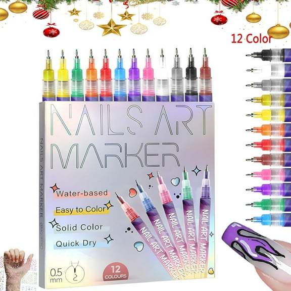 12 Colors Nail Art Pens Set, 3D Nail Art Markers Doodle Pen for Adults, Nail Art Tools for Polishing Dotting Painting Liner DIY 10ml