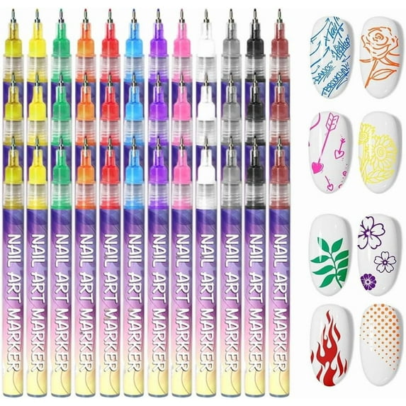 12 Colors Nail Art Pens Set, 3D Nail Art Markers Doodle Pen for Kids Adults, Nail Art Tools for Polishing Dotting Painting Liner DIY (3 set)