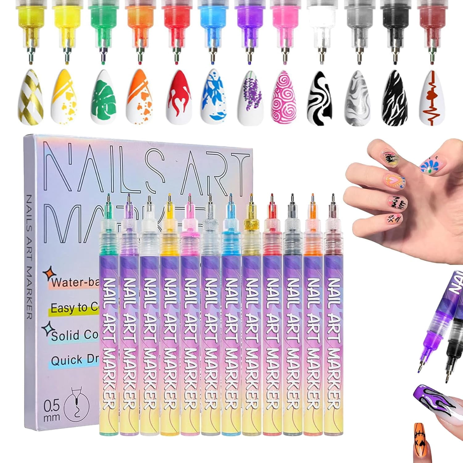 12 Colors Nail Art Pens Set, 3D Nail Art Markers for Kids and Adults, Quick-Dry Waterproof Nail Polish Pens for Drawing Painting and DIY Nail Design