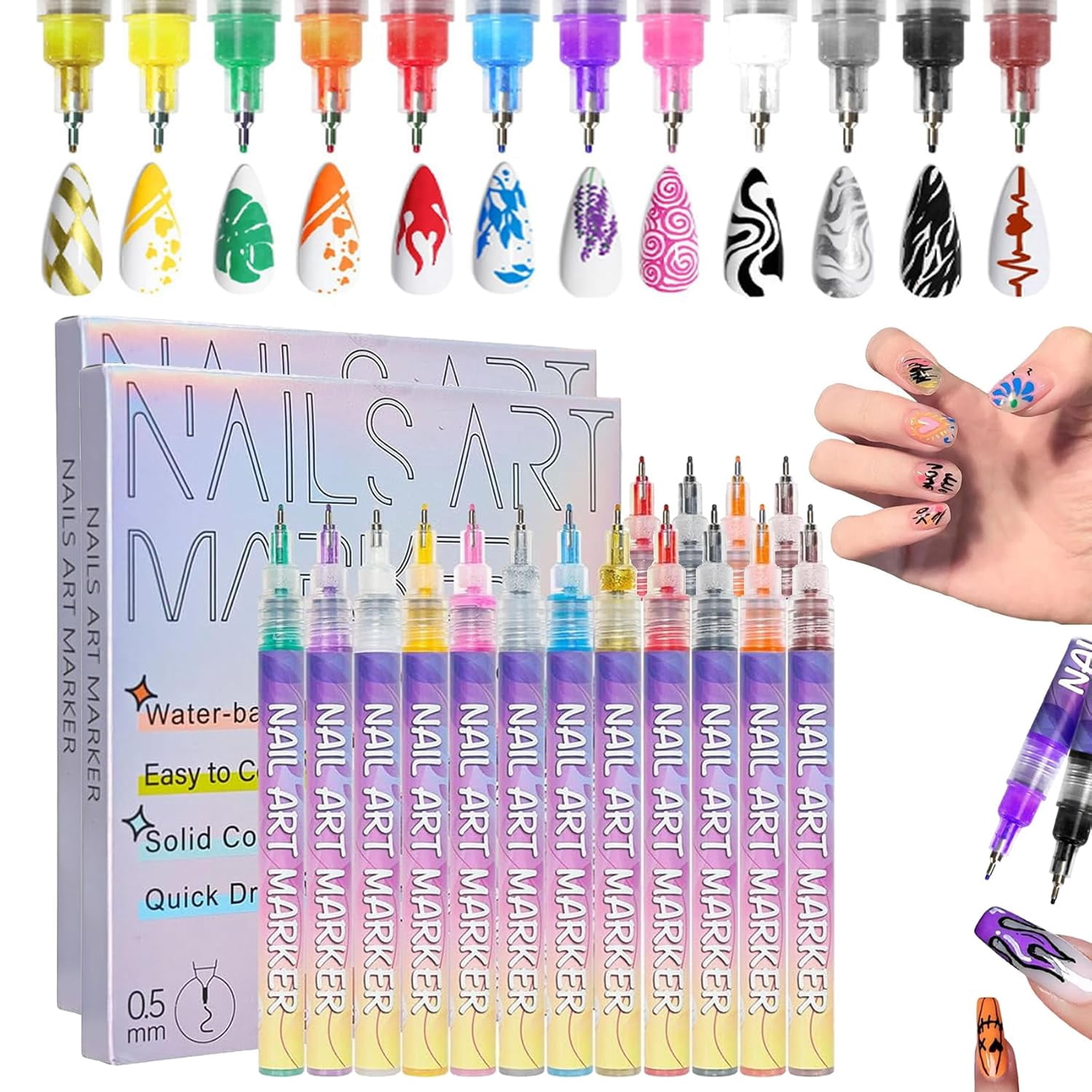 12 Colors Nail Art Pens Set, 3D Nail Art Markers for Kids and Adults, Quick-Dry Waterproof Nail Polish Pens for Drawing Painting and DIY Nail Design