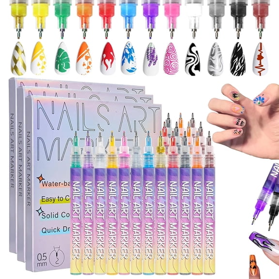 12 Colors Nail Art Pens Set, 3D Nail Art Markers for Kids and Adults, Quick-Dry Waterproof Nail Polish Pens for Drawing Painting and DIY Nail Design