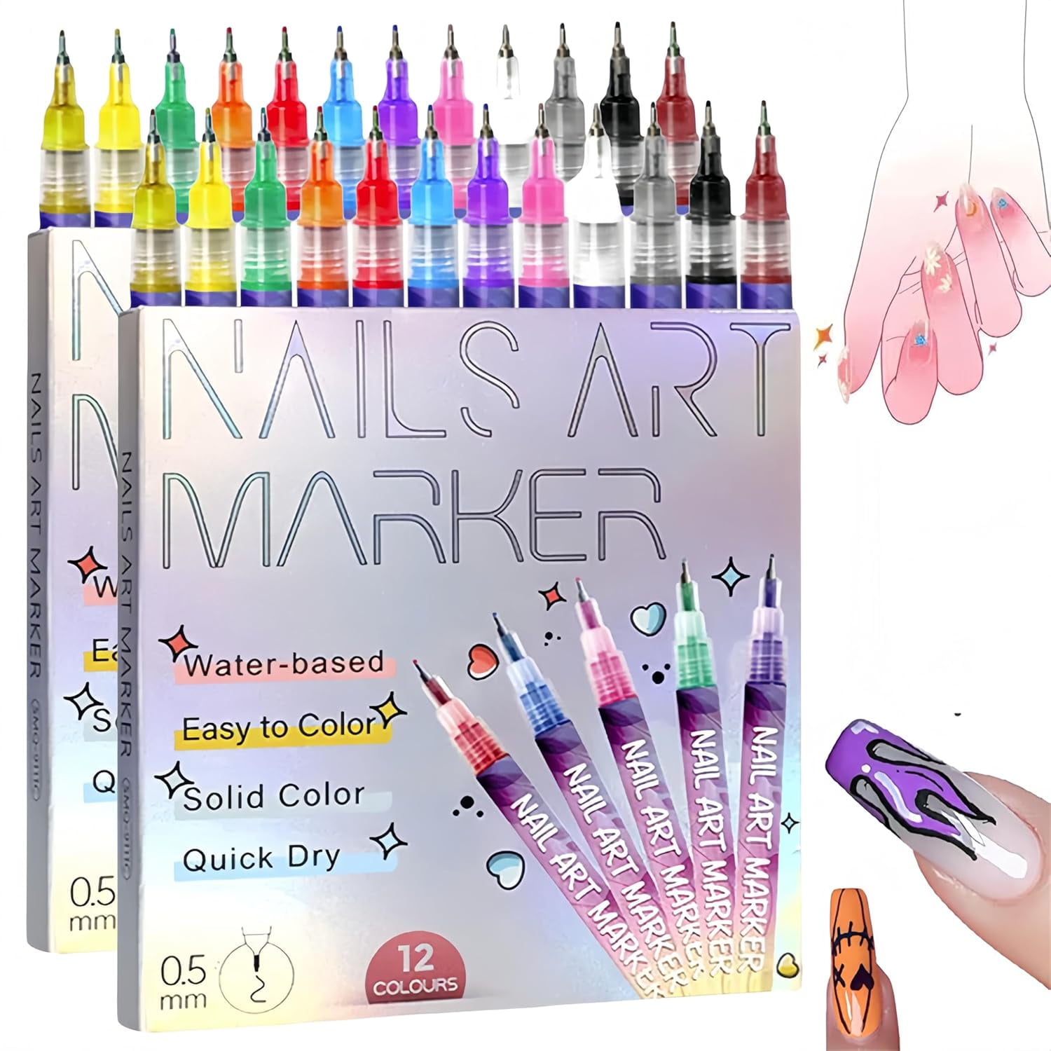 12 Colors Nail Art Pens Set, 3D Nail Polish Markers with Quick-Dry Dotting & Liner for DIY Drawing Painting