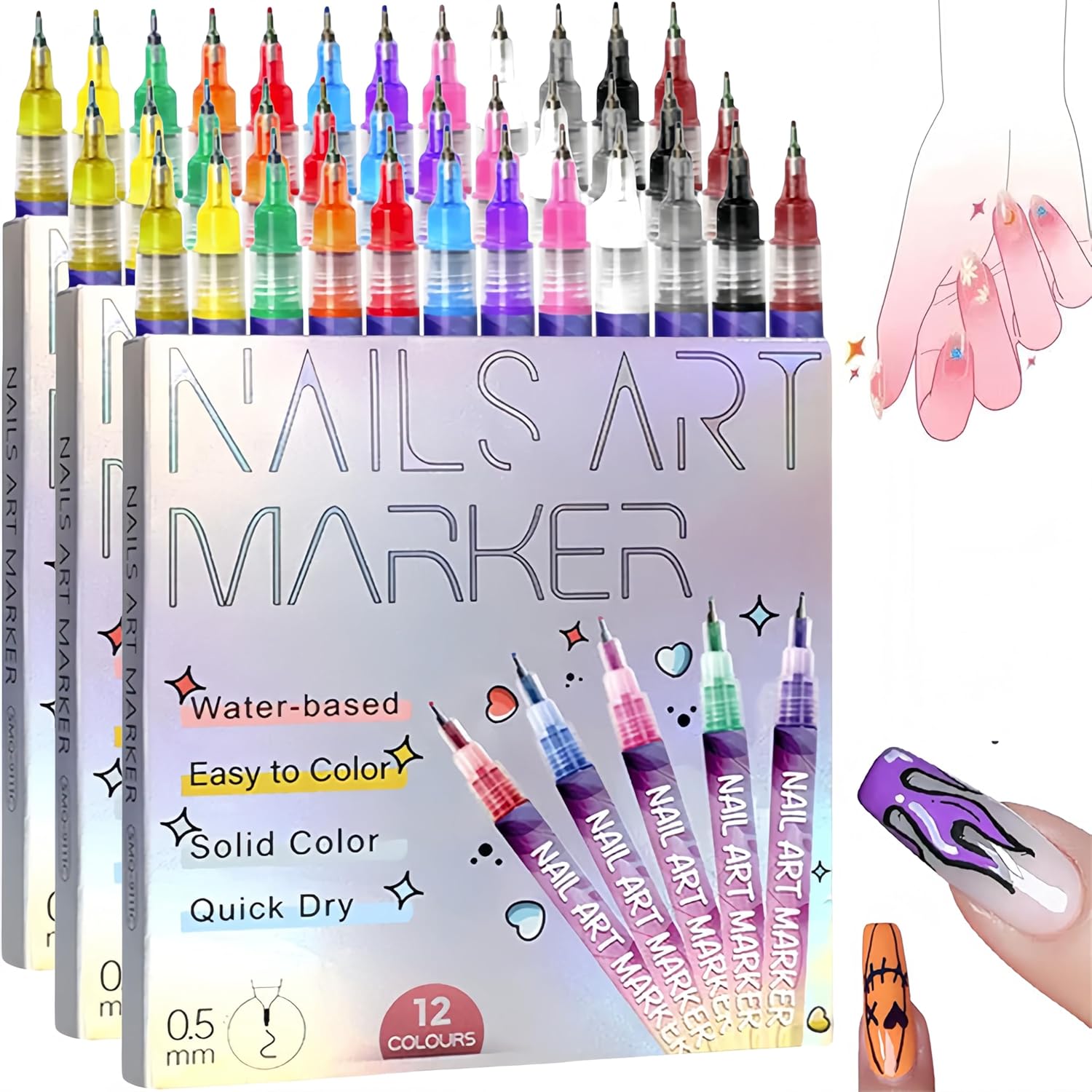 12 Colors Nail Art Pens Set, 3D Nail Polish Markers with Quick-Dry Dotting & Liner for DIY Drawing Painting