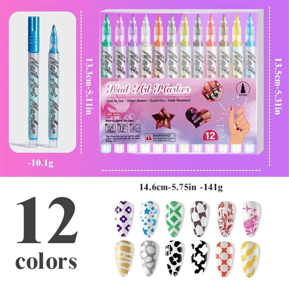 12 Colors Nail Art Pens Set,Dotting Marker Drawing Painting Pen,Quick Dry Long Lasting Nail Polish Pen,DIY 3D Drawing Dotting Painting Nails Liner Brush For Home Salon Manicure Decorating Drawing