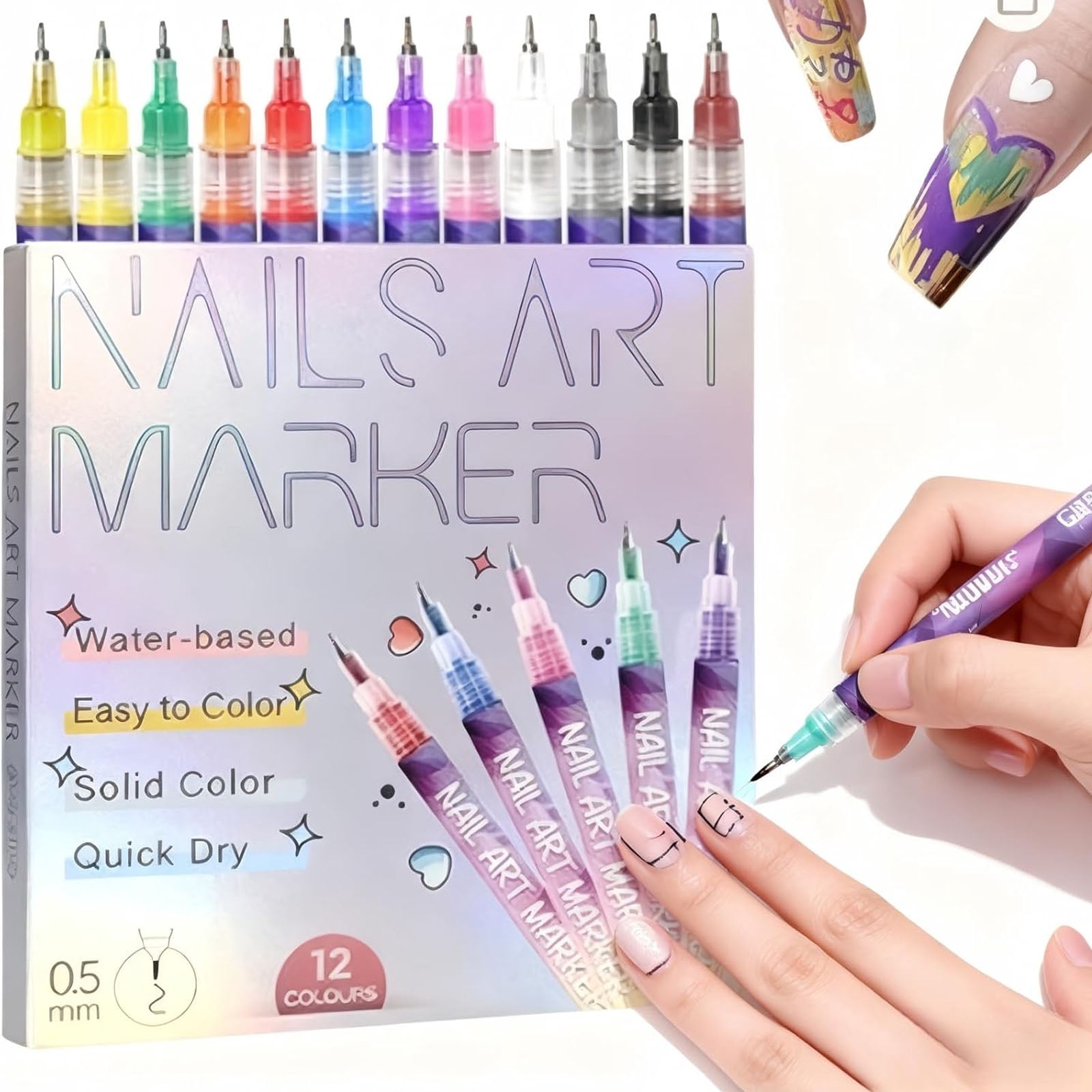 12 Colors Nail Art Pens Set, Nail Art Markers for Adults Quickly Dry Nail Polish Pens Drawing Painting Pen,Nail Art Nail DIY Decoration for Home Salon and Beginners, Convenient Painting Tools