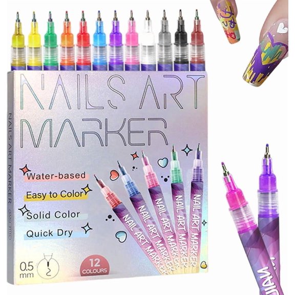 12 Colors Nail Art Pens Set, Nail Art Markers Polish Pen for 3D Nail Art, Drawing Painting Liner Brush for DIY Nail Art Beauty Adorn Manicure Tool