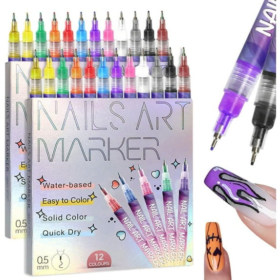 12 Colors Nail Art Pens Set, Nail Art Markers for Painting & Drawing Nails, Fine Tip Nail Polish Pens for DIY 3D Nail Art