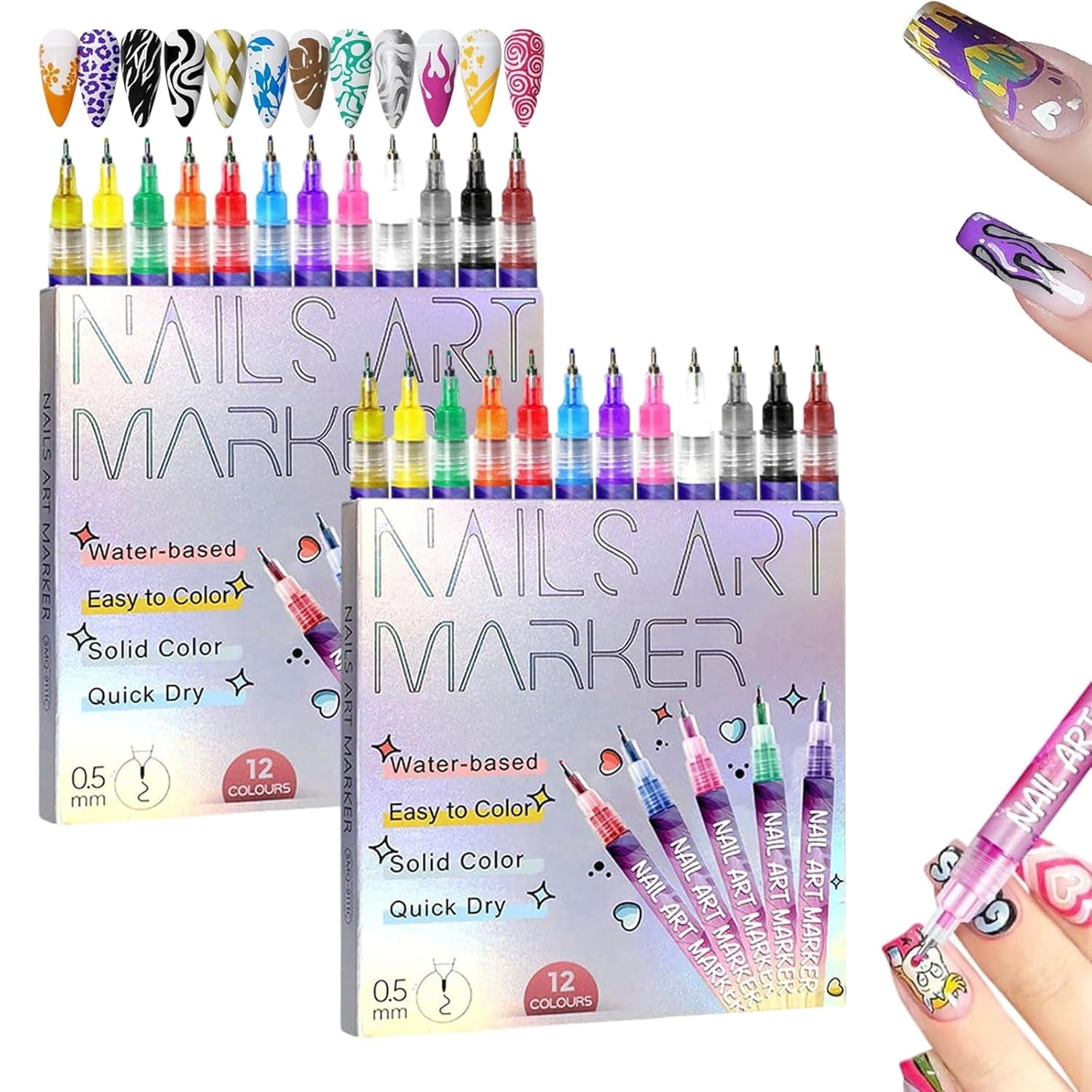 12 Colors Nail Art Pens Set, Nail Doodle Pens, Nail Art Markers for Gel Nails, DIY Quick Dry Graffiti Dotting Point Liner Pens, for Home & Salon Manicure Tools (2PCS)