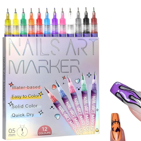 12 Colors Nail Art Pens Set, Quick-Dry Nail Art Markers with 0.5mm Fine Tip, Waterproof Nail Polish Pens for DIY Nail Design, Drawing, Dotting & Liner Art for Beginners & Professionals