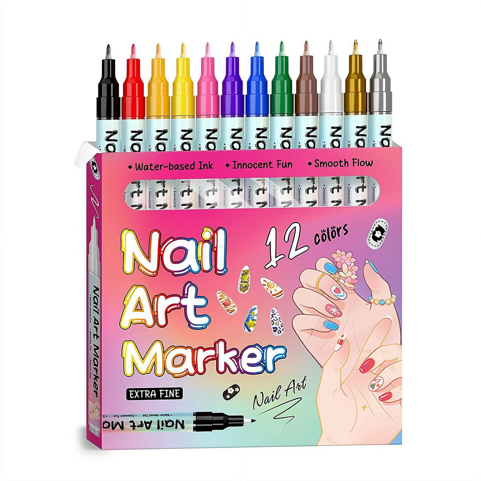 12 Colors Nail Art Pens Set Quick-Drying Acrylic Paint Markers for 3D Nail Art, Dotting & Drawing, Nail Design Tools for DIY Manicure at Home & Salon