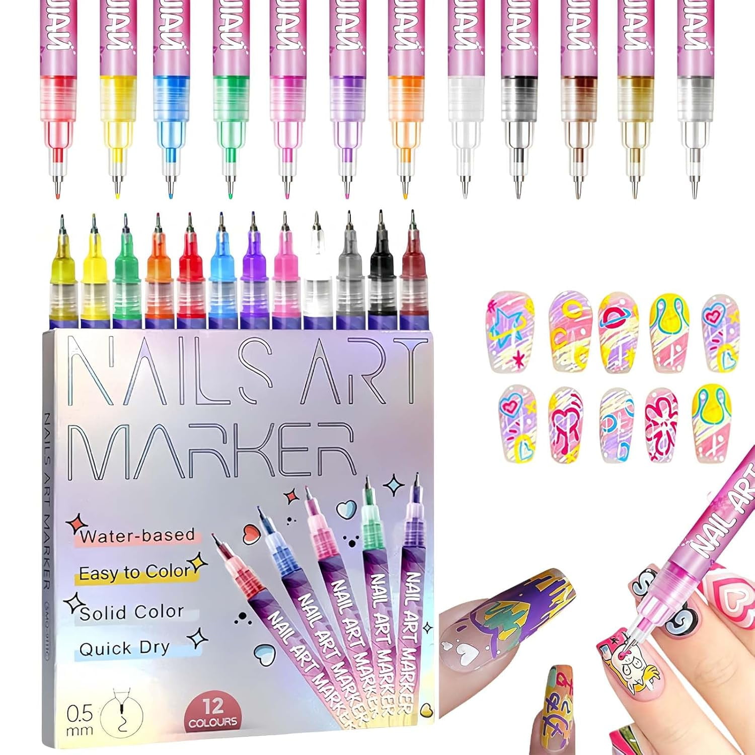 12 Colors Nail Art Pens Set,Upgrade 0.5mm/0.01in Metal Needle Tip for Ultra-Fine Drawing & Doodling,Highly Pigmented Quick-Dry Formula,Eco-Friendly Water-Based Markers for 3D Nail Art & Manicure