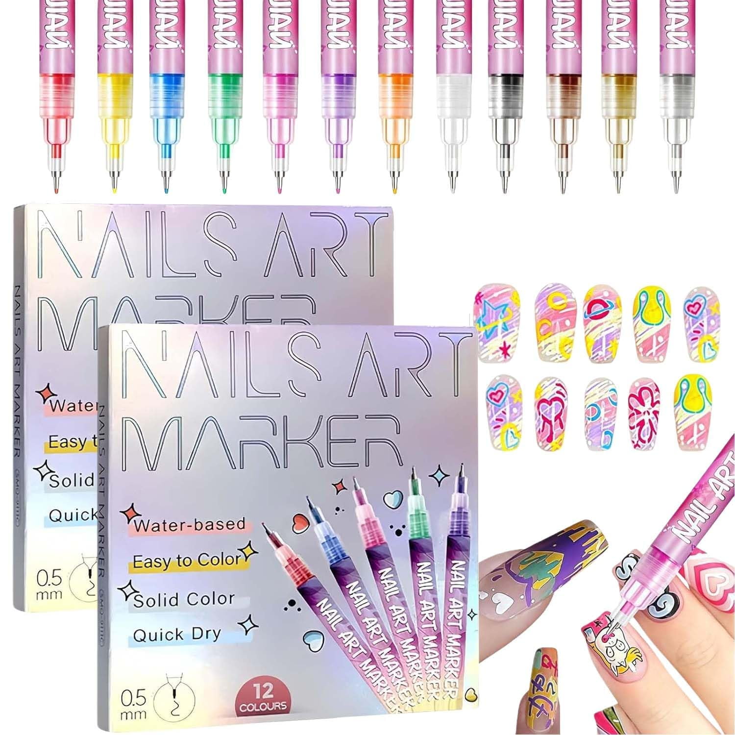 12 Colors Nail Art Pens Set,Upgrade 0.5mm/0.01in Metal Needle Tip for Ultra-Fine Drawing & Doodling,Highly Pigmented Quick-Dry Formula,Eco-Friendly Water-Based Markers for 3D Nail Art & Manicure