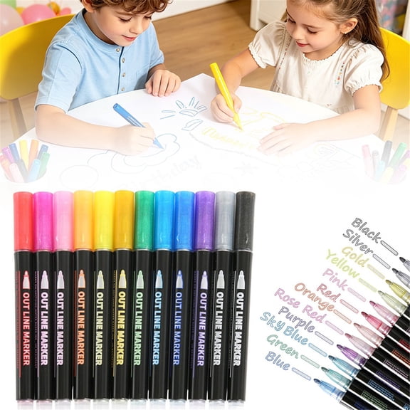 12 Colors Outline Glitter Markers Double Line Metallic Marker Pens with Sparkle Ink, Dual Color Effect Art Markers for Coloring, Greeting Cards, Scrapbooking & DIY Crafts