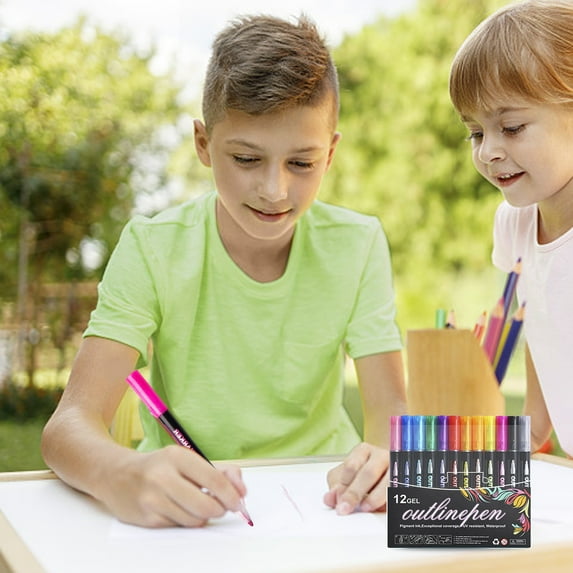 12 Colors Outline Markers Glint Double Line Marker Pen Set Self-Outline DIY Sketching Pens For Greeting Cards Manual Painting Art Writing（120ml）