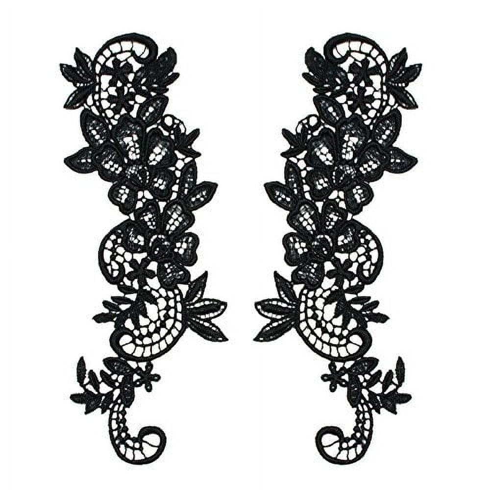 12 Colors Pair of Floral Venice Lace Applique Embroidered Bridal Guipure  Patch Motif (2 Pieces) (Black)