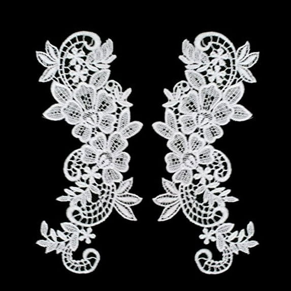 12 Colors Pair of Floral Venice Lace Applique Embroidered Bridal Guipure Patch Motif (2 Pieces) (White)