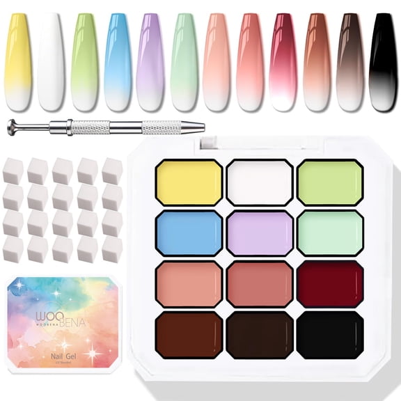 12 Colors Pat Paint Nail Gel, Sponge Pat Gel Ombre Gradient Gel Nail Blush Blooming Aura Nails Drawing Stripper Floral Painting DIY Nail Art, No Wipe, UV/LED Curing