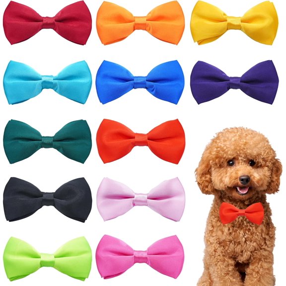 12 Colors Plain Small Dogs Collar Embellishment Attachment Bow Ties Puppies Cats Charms Accessories Slides Bowties for Birthday Wedding Parties Assorted Pack of