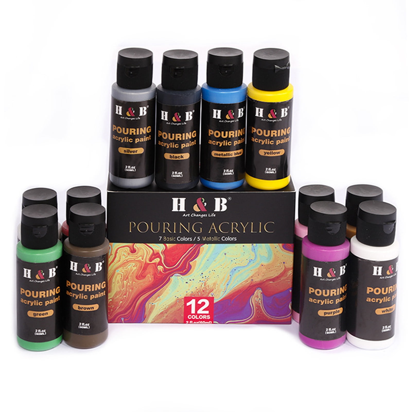 12 Colors Pouring Acrylic Paint Set Non Toxic Art Paints Supplies for Children Students Beginners Adults Artist Painter Painting on Canvas Paper Wood Stone Ceramic Art Crafts