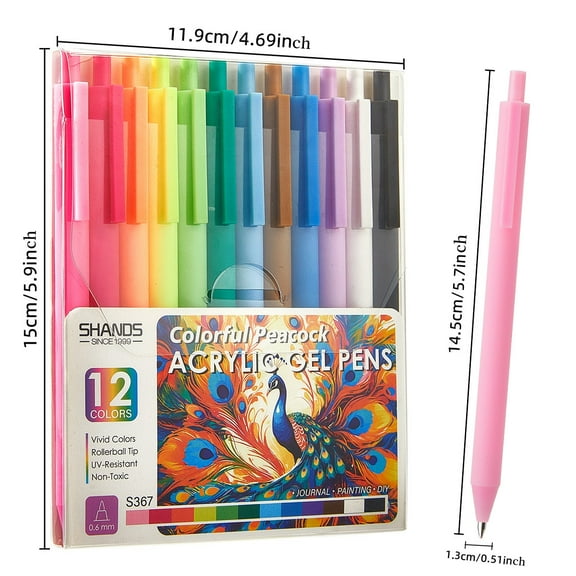 12 Colors Retractable Color flow Acrylic Gel Pens, Fine Point 0.6mm, Gel Ink Pens for Coloring Books