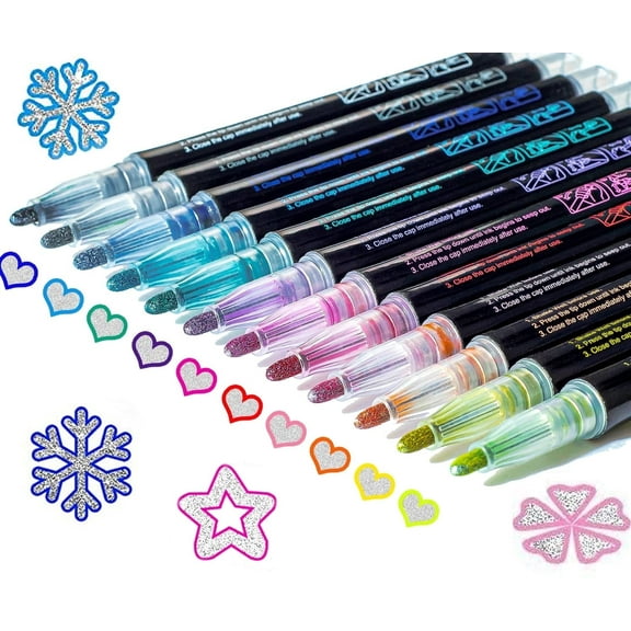 12 Colors Shimmer Outline Markers, Double Line Metallic Pen Set Sparkle Self-Outline Doodle Marker Acrylic Marker Pen