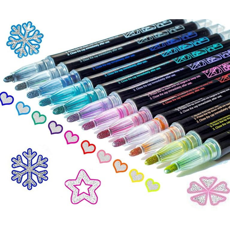 12 Colors Shimmer Outline Markers, Double Line Metallic Pen Set 