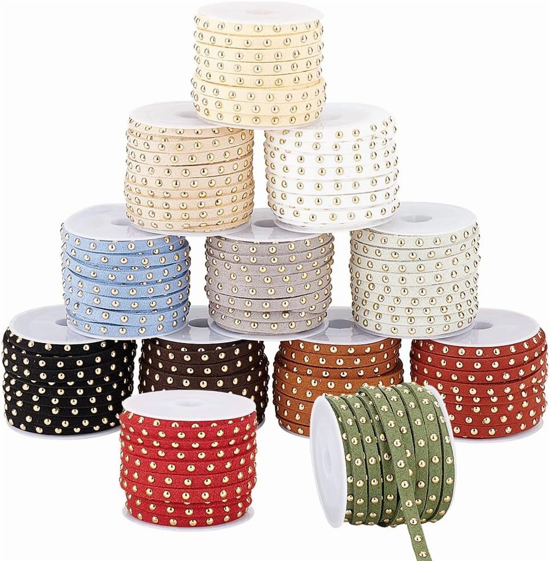 12 Colors Suede Cord 66 Yards Studded Velvet String Suede Cord 5mm Leather String with Golden Tone Alloy Rivet for Jewelry Necklace Bracelet Making Costume Decor