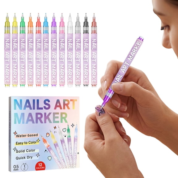 12 Colors Water Based Nail Art Marker Pens Set, 0.5mm Fine Tip Quick Dry Solid Pigment Nail Drawing Painting Graffiti Pens, DIY Manicure Line Drawing Tracing Nail Decorating Tools