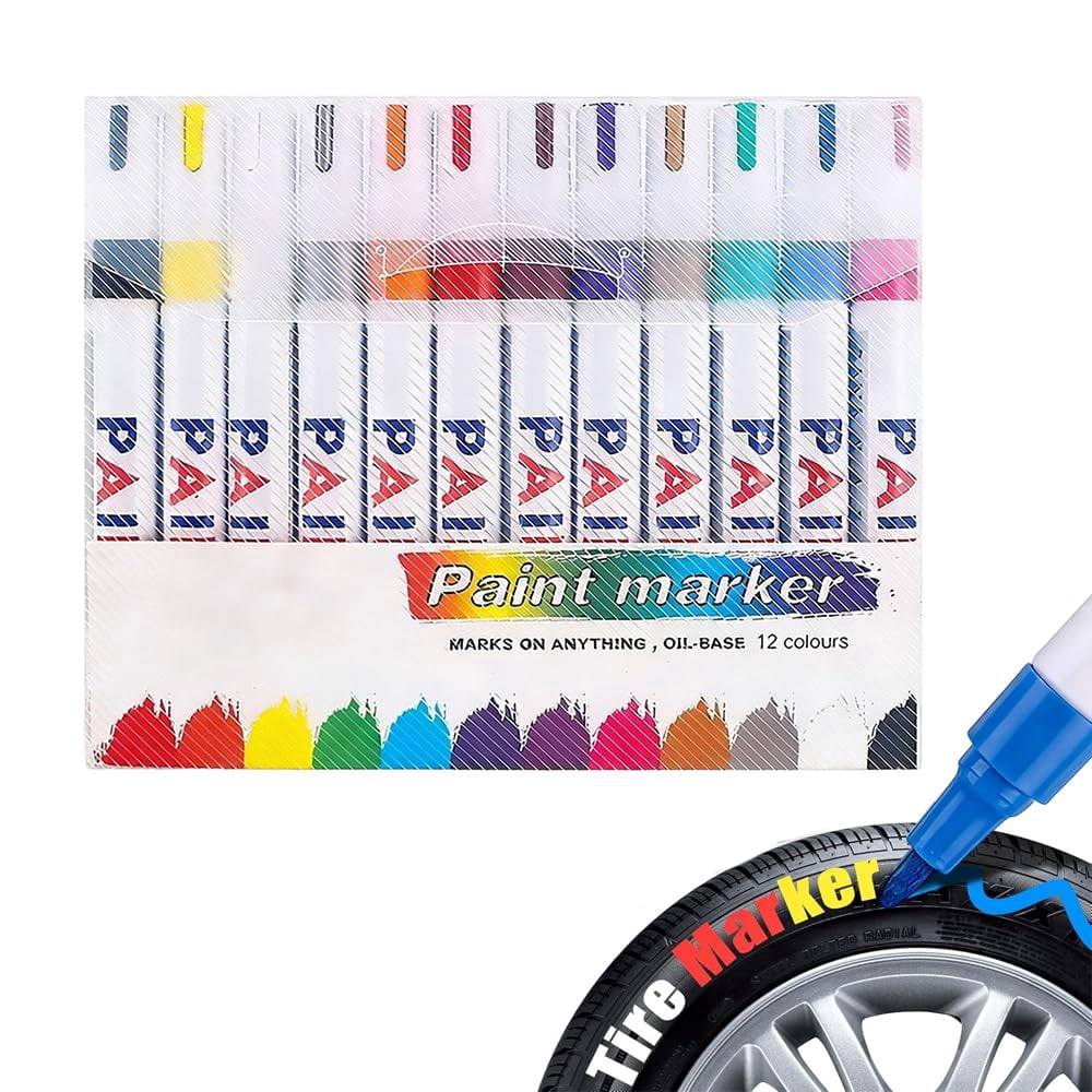 12 Colors Waterproof Tire Paint Pen, Oil-Based Permanent Markers with Medium Tip, Quick Dry Multi-Surface Paint Pens for Tires Metal Wood Plastic Glass