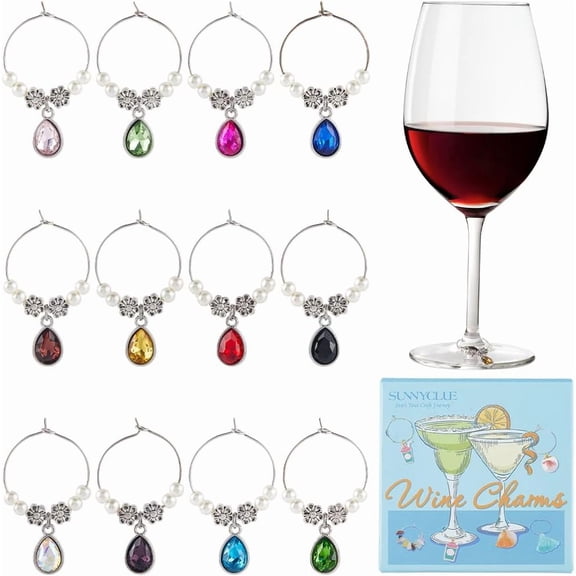 12 Colors Wine Glass Charms Wine Stem Charms Bulk Tear Drop Like Marker Colors Tags Cups Labels Shiny Glass Identifiers for Drinks Christmas Party Favor Drinks Tasting Supplies Women Adults Colorful