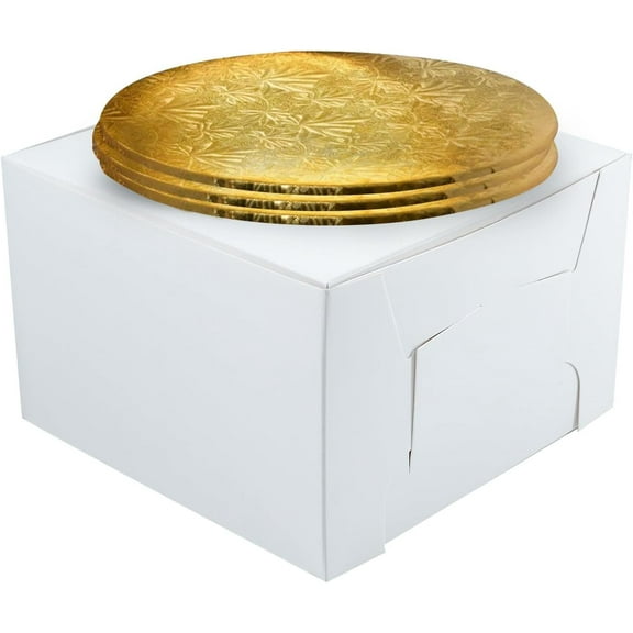 12" Combo Box Set - 12x12x6 White Cake Box with 12" Gold Round Drum 1/4", Pack of 3