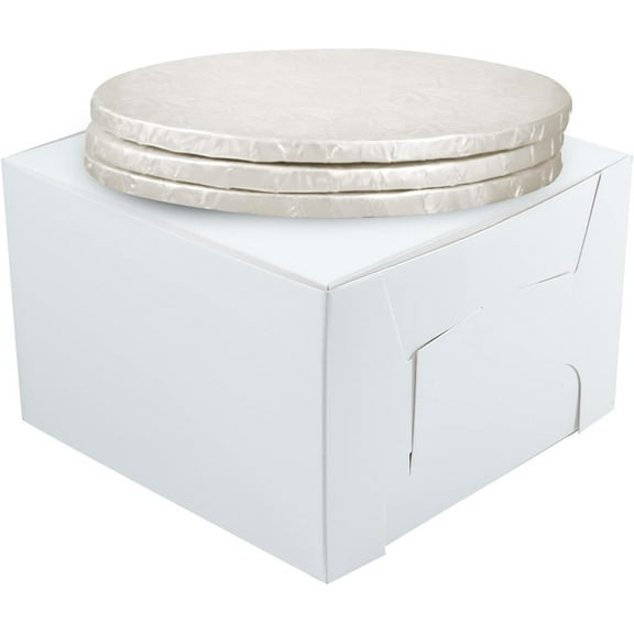 12" Combo Box Set - 12x12x6 White Cake Box with 12" White Round Drum 1/2", Pack of 3