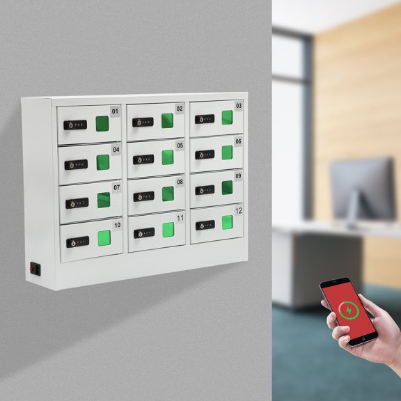 12 Compartment Cell Phone Locker, Cold Rolled Steel, QC3.0 Fast Charging, Dual Unlock Mode