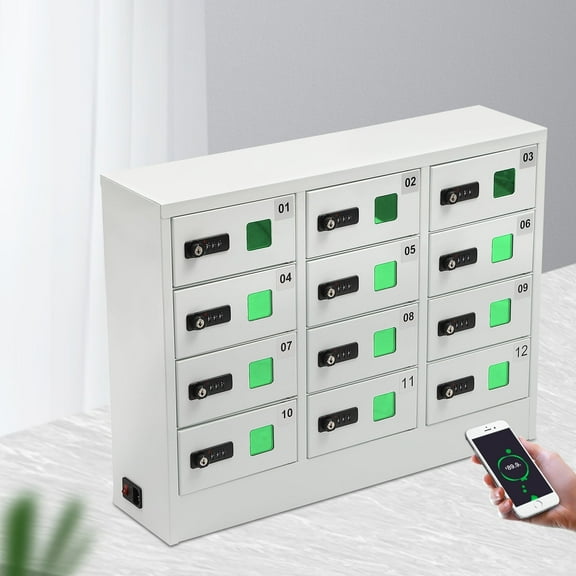 12 Compartment Cellphone Locker with Combination Lock Steel Plate Cellphone Locker White Cellphone Charging Station Combination Lock Ipad Mini Storage for Schools, Hotels, & Offices 110V