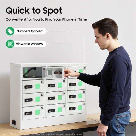 12Compartment ColdRolled Steel Cellphone Locker  White, Qc3.0 FastCharge, Digital + Key Backup, Acrylic View Windows, 64.51649cm, Ideal for Schools, Offices & Public Spaces
