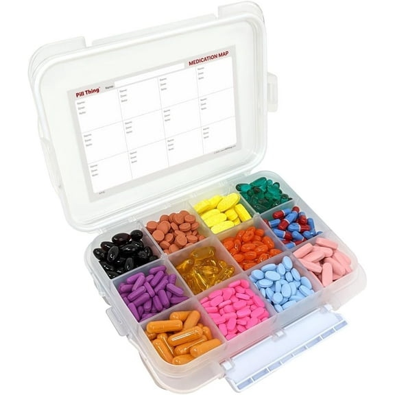 Pill Thing Portable 12 Compartment Pill Case with Airtight Seal, Medication Map - Waterproof Med Box for Vitamins, 1 Pack