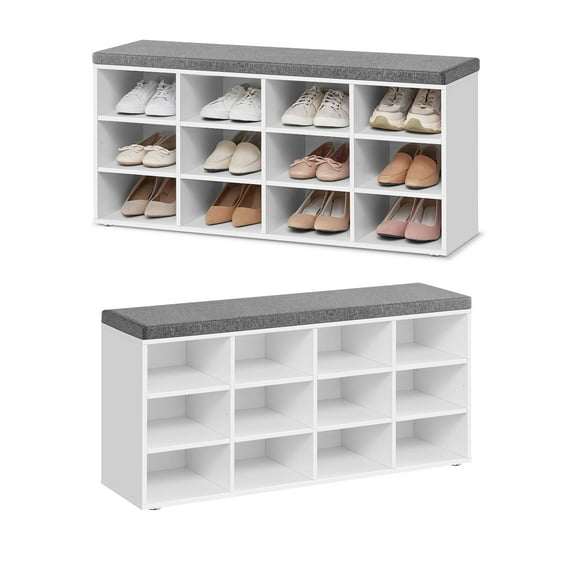 Shoe Bench with Cushion 12-Compartment Storage Bench 40.9x11.9inch, White and Gray