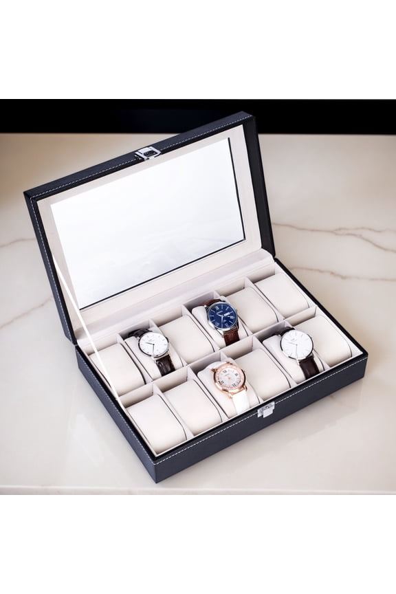 12-Compartment Top Open Leather Watch Collection Box, Luxury Watch Storage Display Case, Black