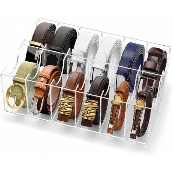 12 Compartments Belts Storage Box, Acrylic Belt Organizer, Belt Container Storage Holder Clear Belts Display Case for Watch, Hair Accessories, Jewelry, Closet and Drawer