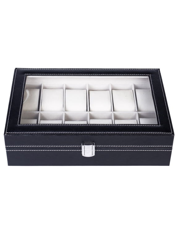 12 Compartments Leather Watch Box Top-Opening Watch Storage Case Portable Watch Organizer Black