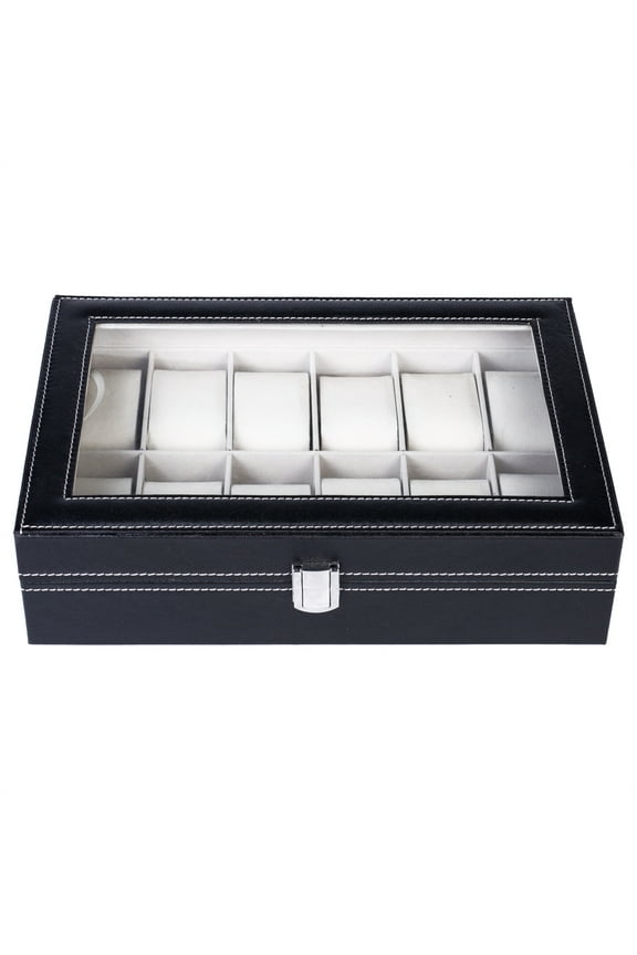 12 Compartments Leather Watch Box Top-Opening Watch Storage Case Portable Watch Organizer Black